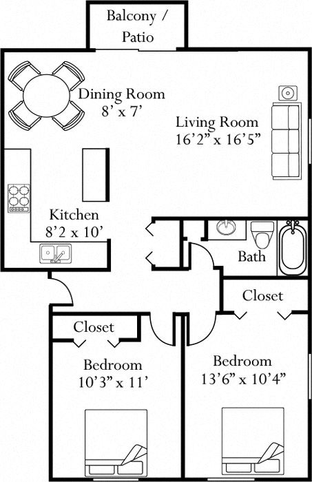 Floor plan for 2 beds, 1 bath, 828 sqft